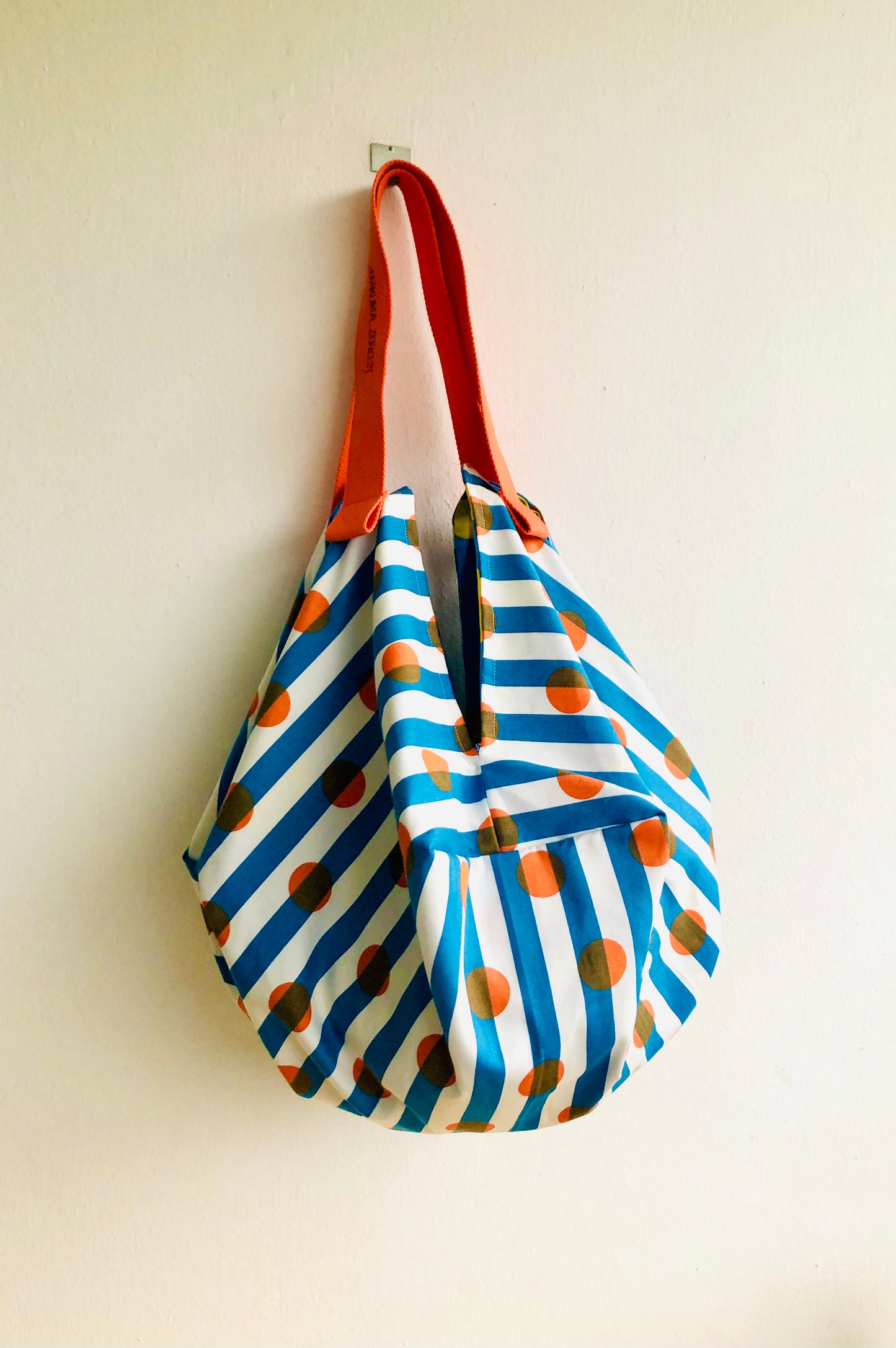 Origami sac bag , reversible fabric shoulder bag , eco friendly shopping summer bag | Polka dots & strips