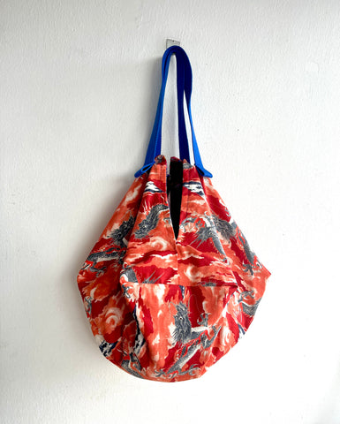 Origami sac bag , reversible Japanese eco friendly bag , colorful Chinese new year bag | Lucky dragons flying over fields of flowers