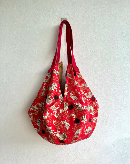 Japanese inspired sac bag , origami fabric reversible bag , eco friendly shoulder bag | Auspicious fish & modern art - Jiakuma