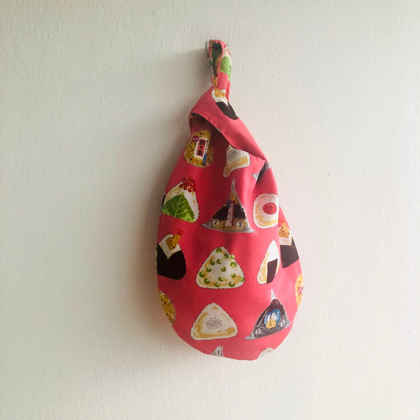 Small Japanese inspired bag , wrist knot fabric bag , reversible handmade cute bag | Onigiri