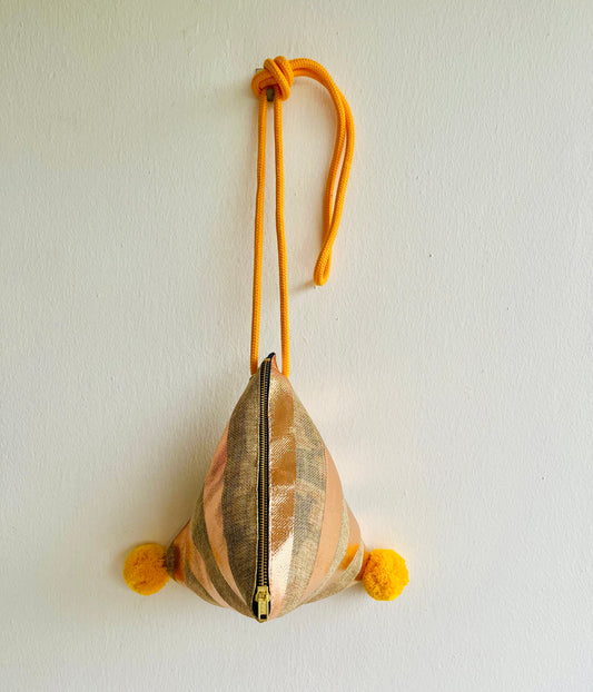 Origami dumpling bag , pom pom one of a kind bag , cute small triangle bag , origami weekend bag , jute eco friendly bag | Bronze gold lines - Jiakuma