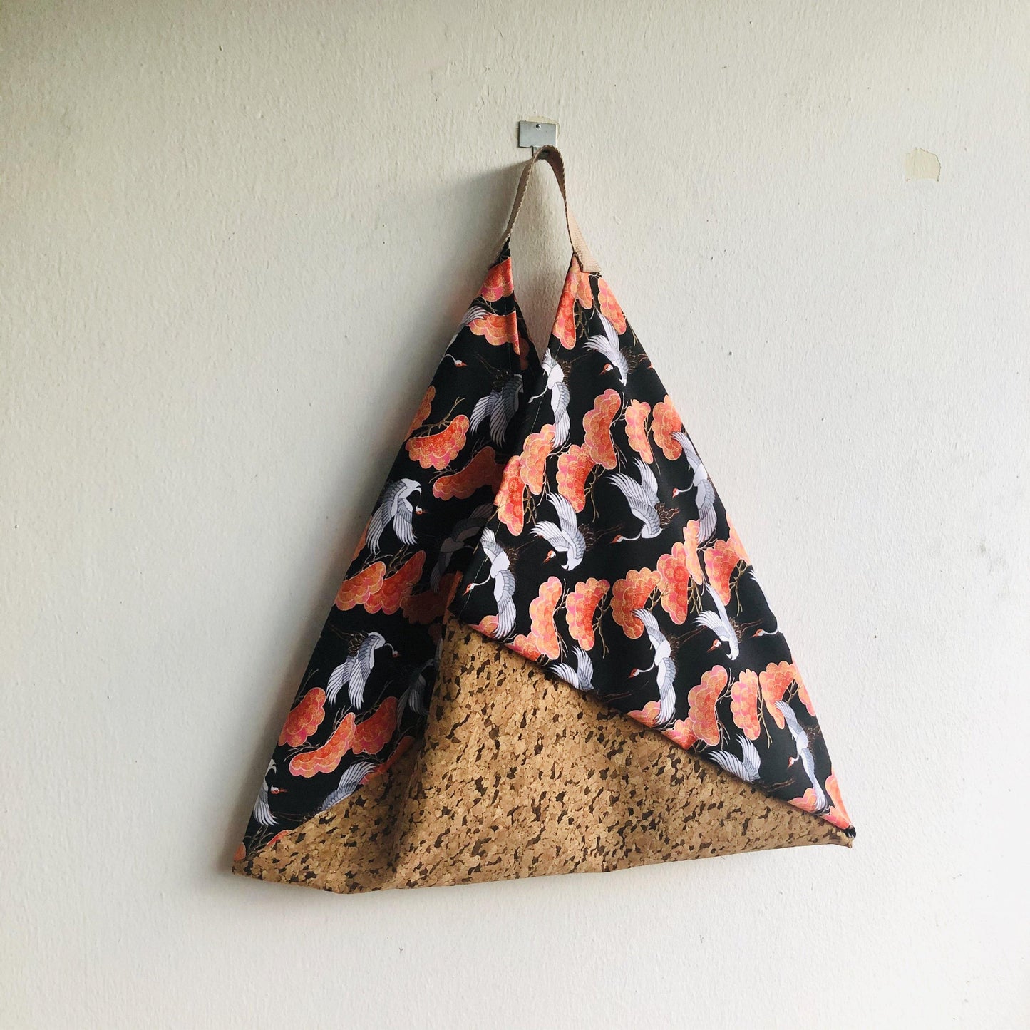 Origami bento bag , shoulder Japanese inspired bag l Orange clouds, cranes & cork - Jiakuma