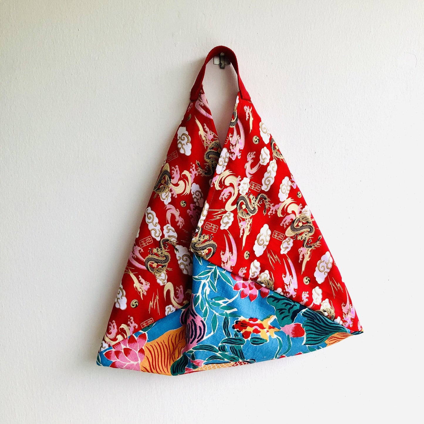 Shoulder bento bag , origami tote bag , colorful silkscreen print fabric | Red dragon in a lotus pond - Jiakuma