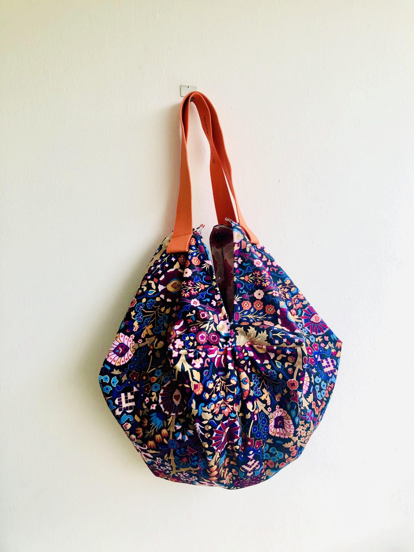 Origami sac bag , reversible handmade fabric bag , Japanese inspired bag ,  large sac bag | Art nouveau velvet garden with hidden fower eyes - Jiakuma