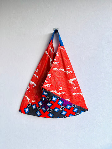 Origami bento bag, shoulder tote bag , colorful African fabric bag | Red waves in Africa