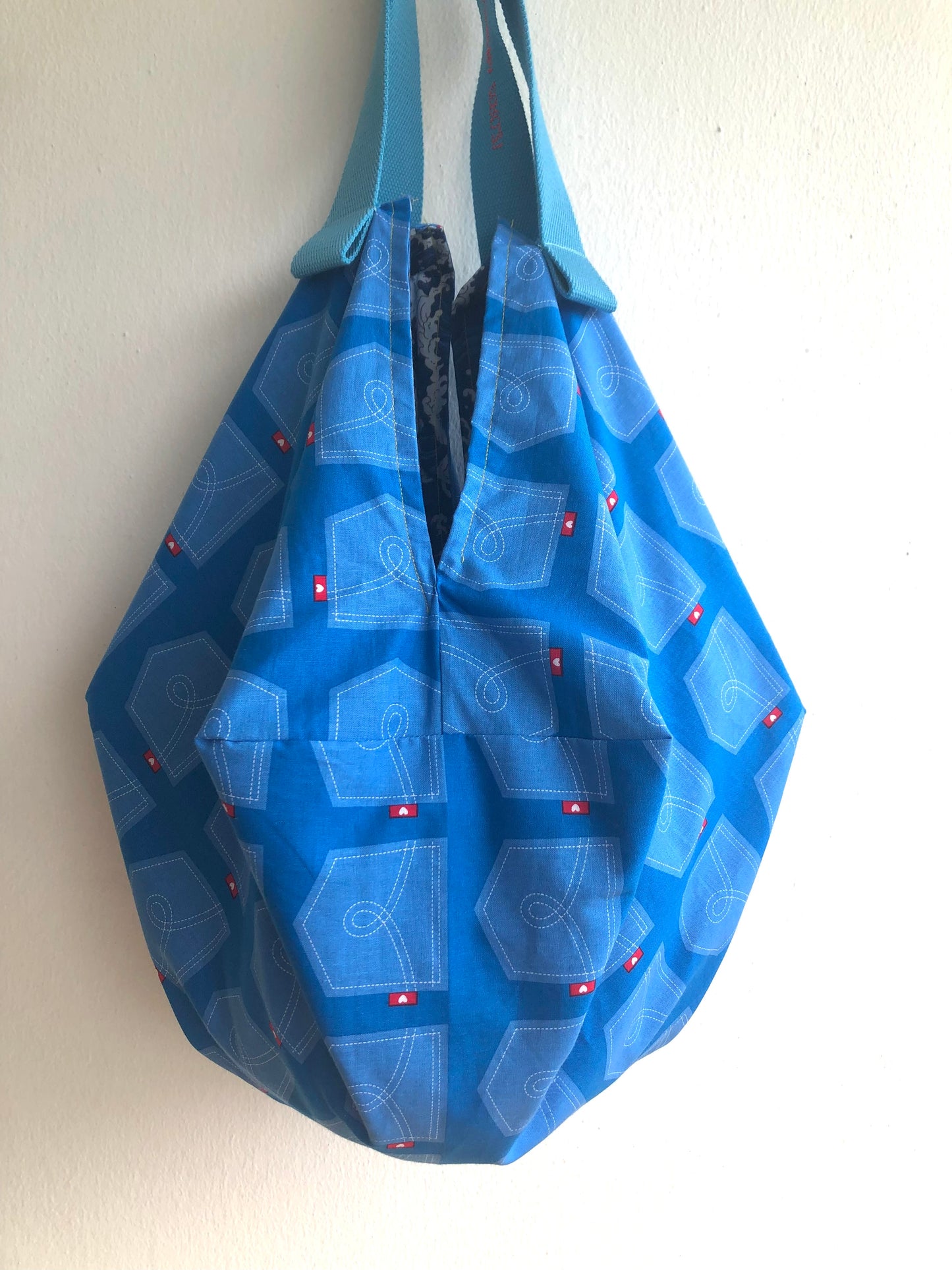 Bolso de mano origami, bolso de hombro reversible, bolso ecológico de inspiración japonesa | Amo mis jeans y las olas del mar