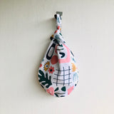 Small knot bag , wrist fabric small origami bag , reversible Japanese inspired bag | Winter landscape in Japan