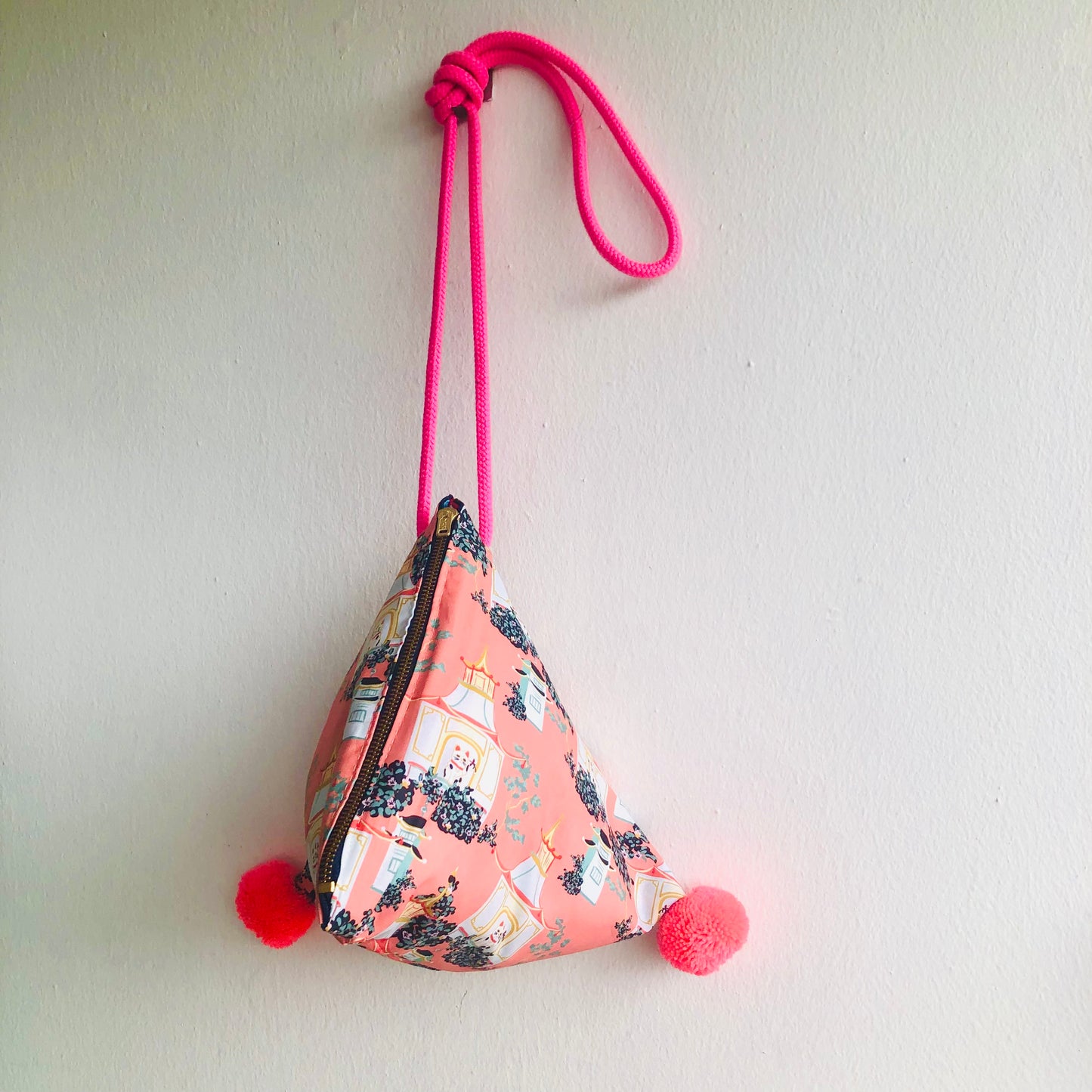 Origami triangle small bag , pom pom fabric bag , eco friendly bag | Cats under the pagodas