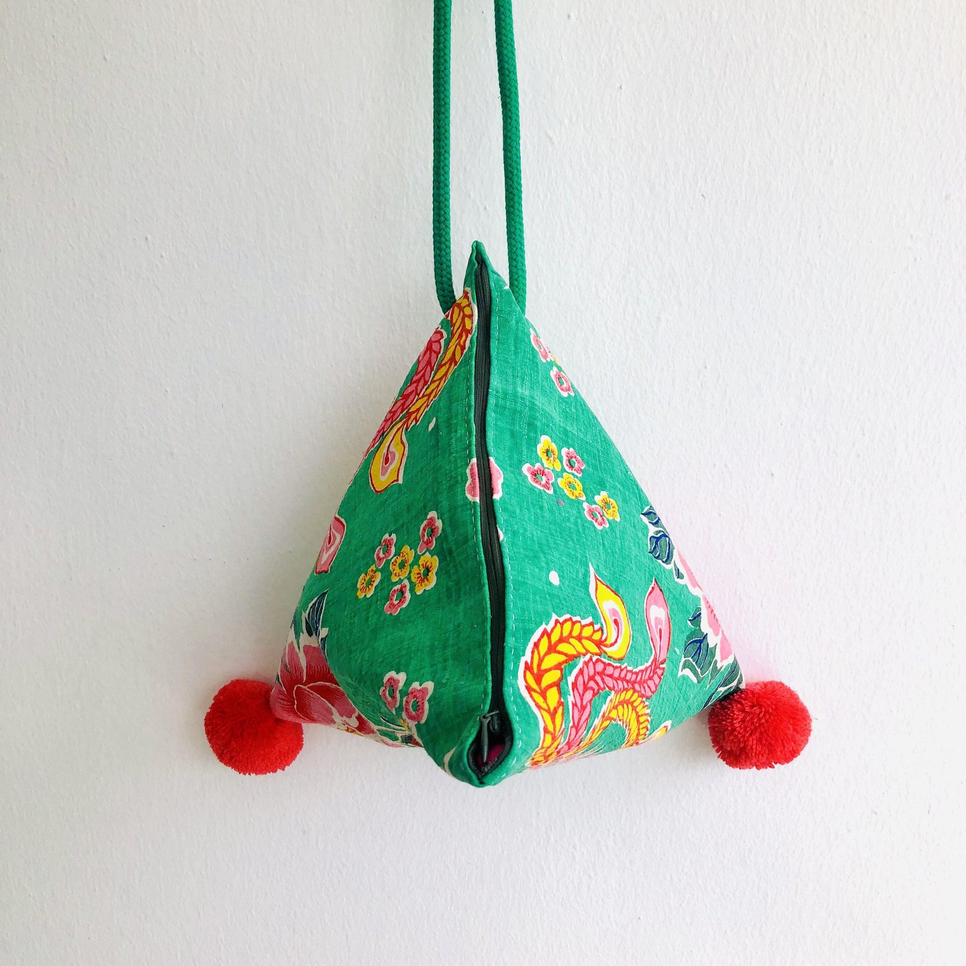 Handmade origami triangle bag , pom pom tote bag , Japanese inspired | Green Phoenix - Jiakuma