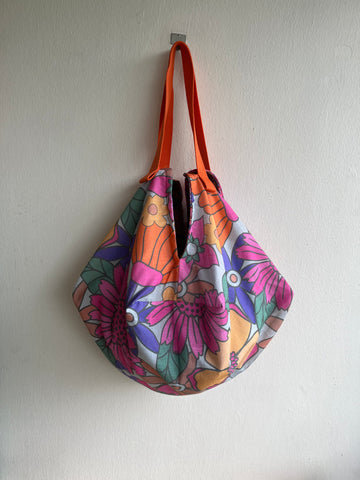 Reversible origami sac bag , fabric Japanese inspired bag , colorful eco friendly shopping should bag | The colorful flowers of the mystery machine