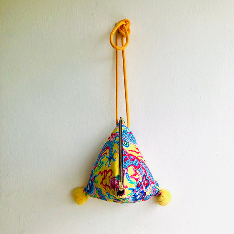 Origami dumpling bag , small cute triangle pom pom bag , colorful crossbody shoulder bag | Yellow dragon