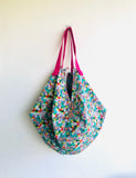 Origami sac bag , reversible fabric bag , shoulder tote bag , colorful eco shopping bag | Love birds flying over a garden with hidden horses