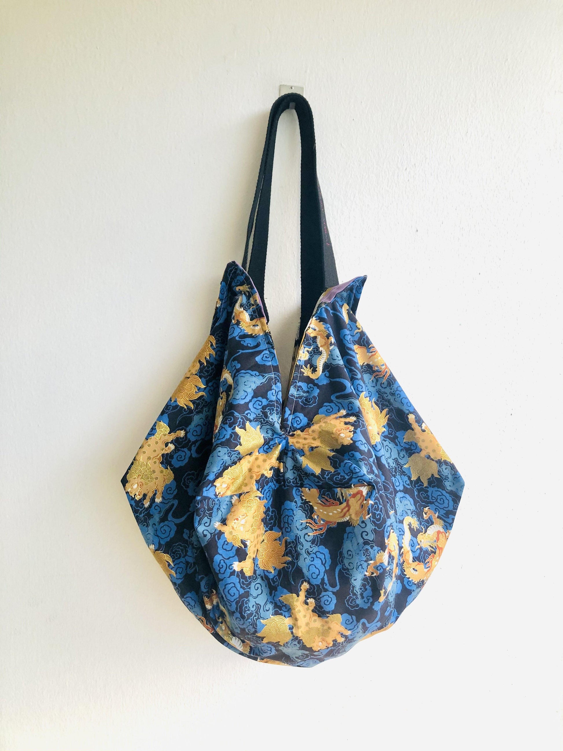 Japanese inspired sac bag , origami shoulder reversible bag , fabric handmade shopping eco bag | Golden cranes & dragons - Jiakuma