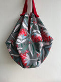 Origami sac bag , reversible colorful shoulder bag , Japanese inspired fabric sac bag | Cockatoos flying to a beautiful flower garden