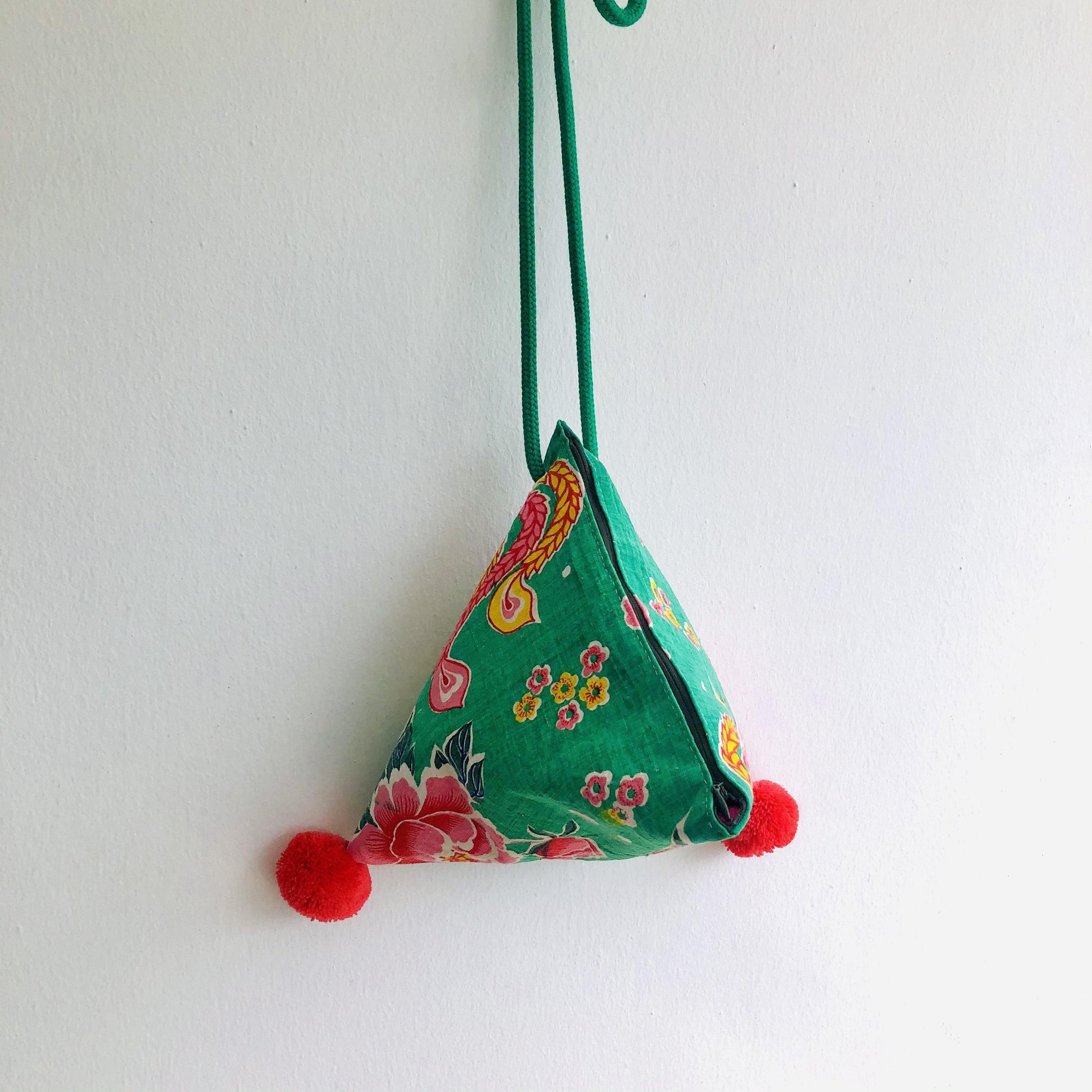 Handmade origami triangle bag , pom pom tote bag , Japanese inspired | Green Phoenix - Jiakuma