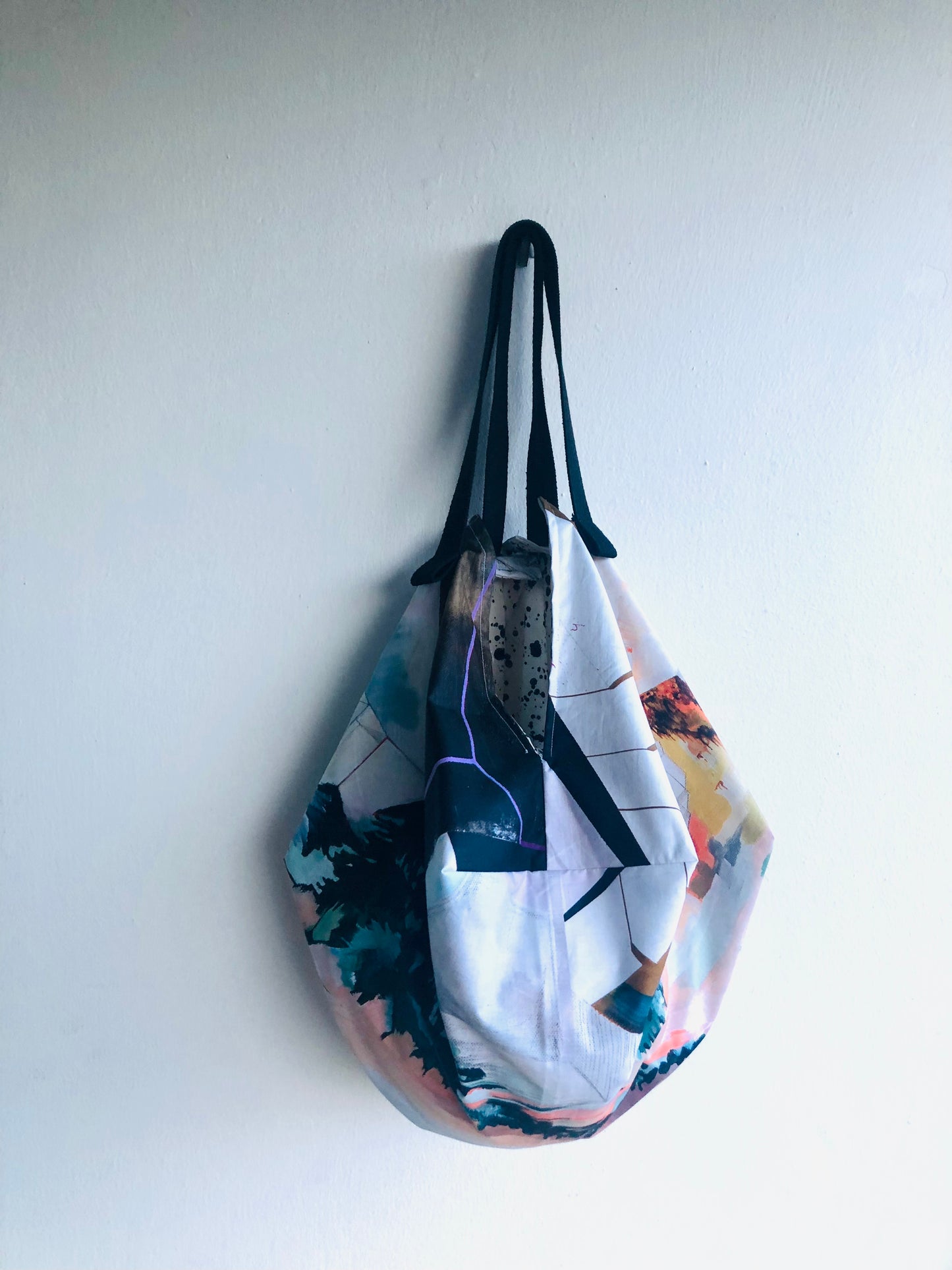 Cool origami bento bag , shoulder fabric handmade Japanese inspired bag | Contemporary landscape under a rain of ink drops