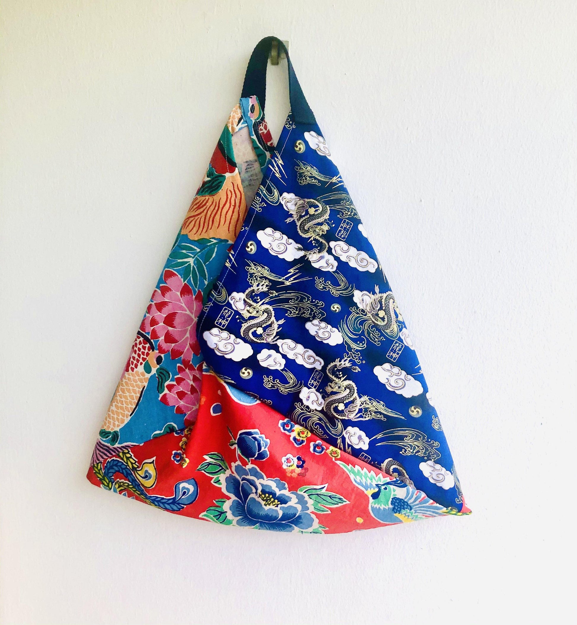 Origami bento bag , shoulder tote colorful ecc bag | Lucky dragons  flying in a blue sky over a pond with beautiful flowers - Jiakuma