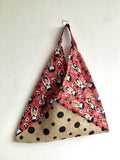 Shoulder bento origami bag , Japanese inspired triangle bag | Red Kokeshi dots - Jiakuma