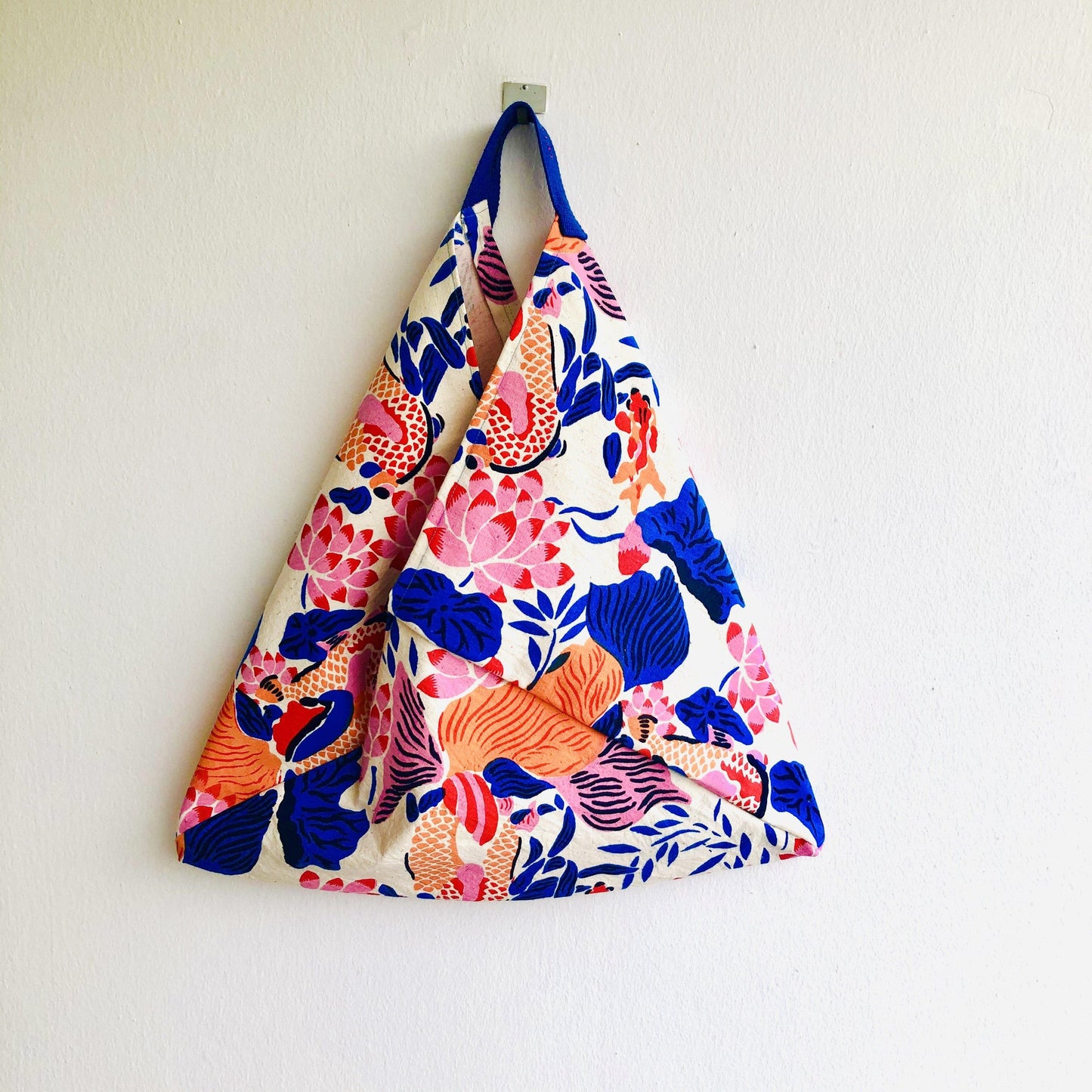 Origami bento bag, shoulder fabric tote , silk screen print colorful bag l Ultramarine blue & orange Shanghai garden - Jiakuma