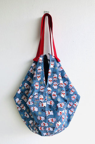 Origami sac shoulder bag , tote shopping eco bag , reversible Japanese inspired bag| Lucky cats in a garden in Tokio - Jiakuma