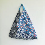 Handmade Japanese inspired bag , triangle tote shoulder bag | Lucky cats surfing on big waves - Jiakuma