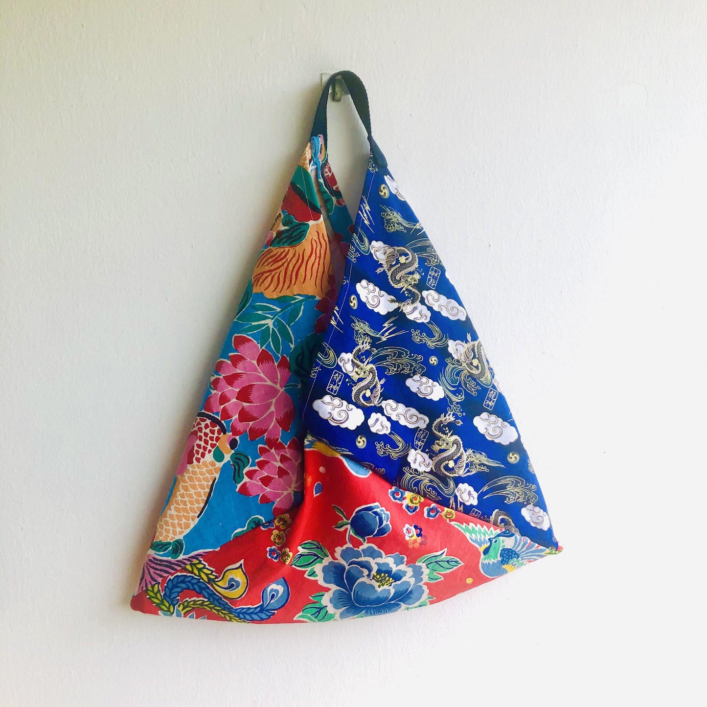 Origami bento bag , shoulder tote colorful ecc bag | Lucky dragons  flying in a blue sky over a pond with beautiful flowers - Jiakuma