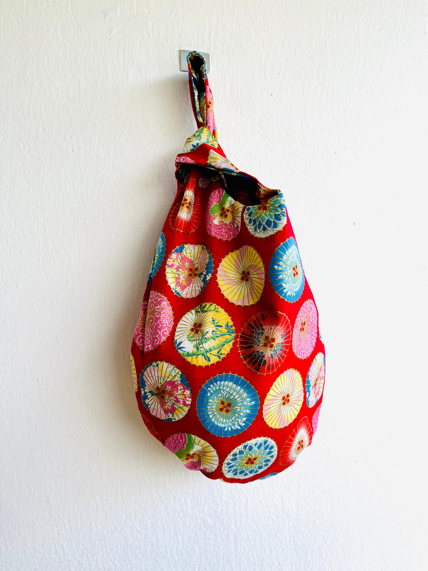 Origami knot bag , reversible fabric bag , cute wrist Japanese inspired bag | Blue & red Japanese umbrellas