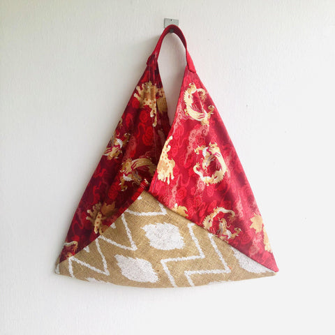 Tote bento bag , origami triangle fabric bag , japanese inspired bag , eco friendly tote bag | Dragons flying over a red summer sunset - Jiakuma