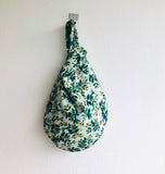 Small Japanese inspired knot bag , fabric wrist bag , reversible cute bag | Leaves and golden seeds