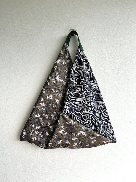 Origami tote bag , bento Japanese bag , shoulder triangle fabric bag , handmade gift idea | Stormy sea in the shores of Japan - Jiakuma
