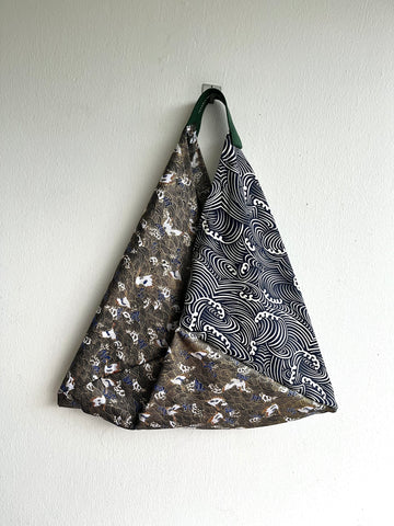 Origami tote bag , bento Japanese bag , shoulder triangle fabric bag , handmade gift idea | Stormy sea in the shores of Japan