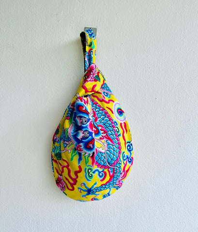 Origami Japanese inspired small bag , knot fabric bag , reversible wrist bag , colorful bag | The lucky dragon