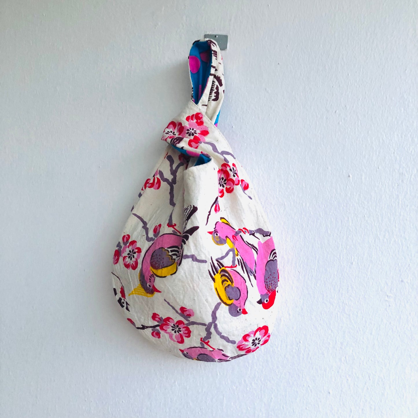 Small knot bag , Japanese inspired wrist bag , reversible screen print vintage fabric bag | A garden in Shanghai