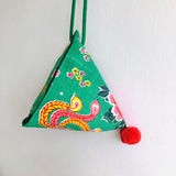 Handmade origami triangle bag , pom pom tote bag , Japanese inspired | Green Phoenix - Jiakuma