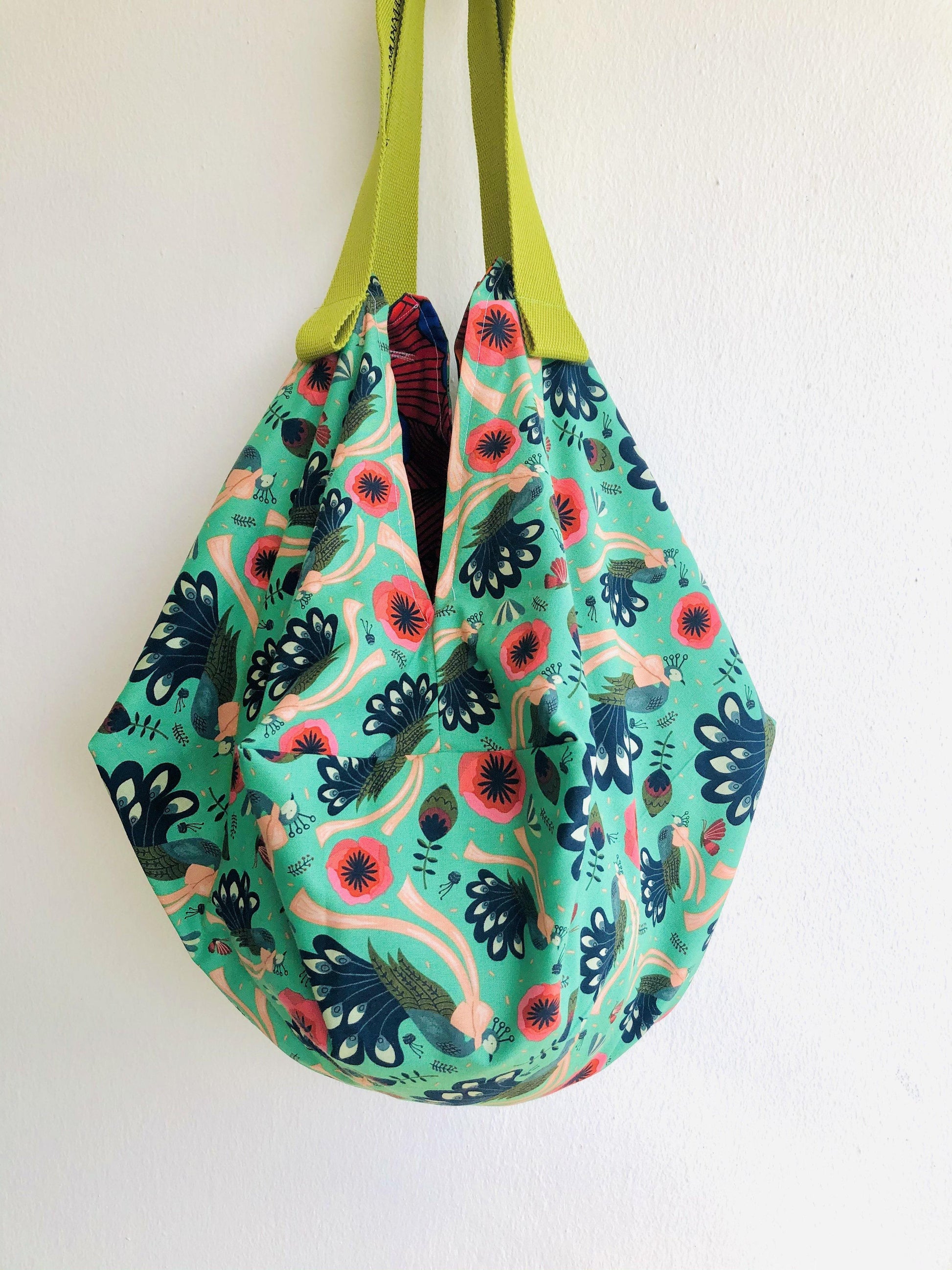 Reversible fabric origami bag , sac shoulder colorful bag , Japanese inspired bag | Peacocks in a garden in Africa - Jiakuma