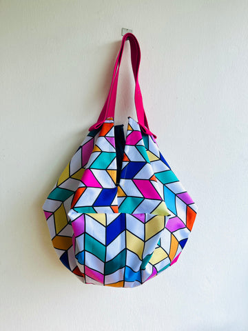 Sac origami shoulder bag , reversible colorful fabric bag , Japanese inspired bag | Summer colors at Mt Fuji