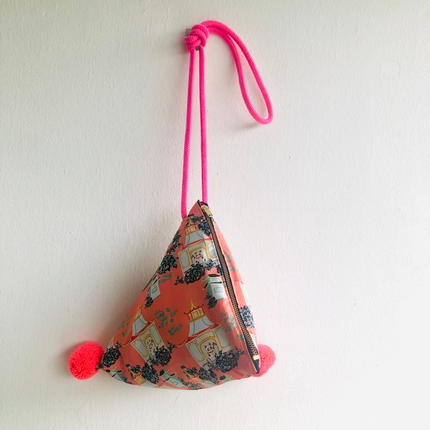 Origami triangle small bag , pom pom fabric bag , eco friendly bag | Cats under the pagodas