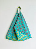Origami bento bag , fabric handmade shoulder bag , triangle Japanese Innspired bag  | Turquoise & gold