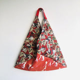 Red tote bag , origami bento shoulder bag , Japanese inspired bag | Faces of Japan & red waves with gold sparkles - Jiakuma