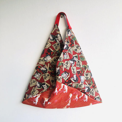 Red tote bag , origami bento shoulder bag , Japanese inspired bag | Faces of Japan & red waves with gold sparkles - Jiakuma