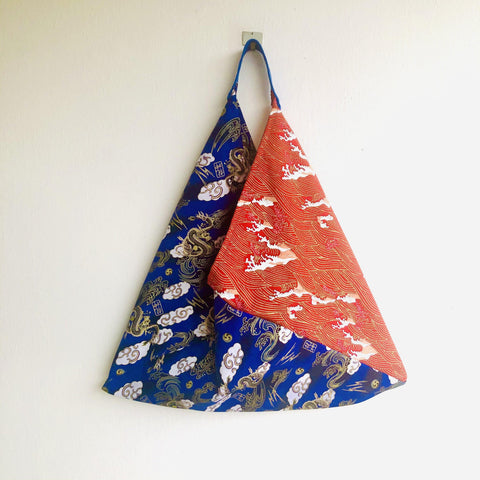 Origami tote bag , shoulder bento bag , colorful eco friendly reusable bag | Blue and red  dragon - Jiakuma