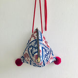 Origami small bag , triangle fabric eco bag , colorful pom poms | Red & blue batik - Jiakuma