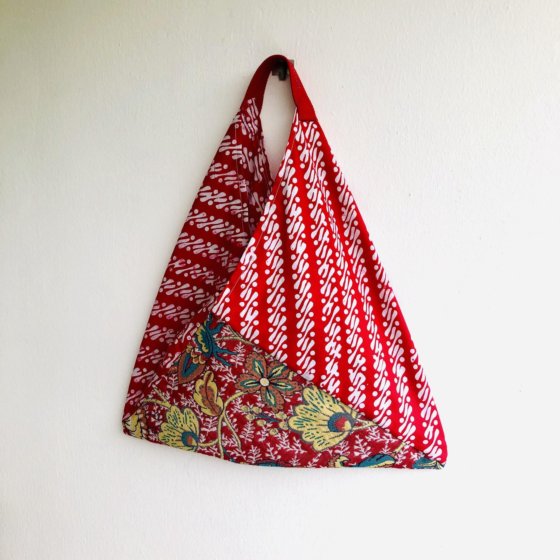 Red shoulder tote bag , handmade origami bento bag , eco shopping bag | Red tropical garden & block print - Jiakuma