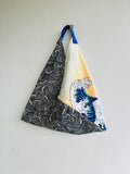 Origami tote bag , fabric shoulder triangle bag , Japanese inspired bag , origami Japanese print bag | “ Japan waves”