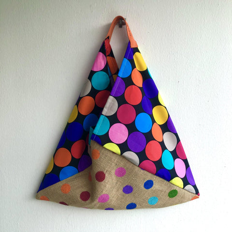 Bento origami bag , handmade triangle tote bag , polka dots colorful fabric and jute bag | Lunares coloraos - Jiakuma