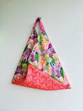 Origami bento bag , colorful Japanese inspired bag , triangle tote bag , eco friendly shoulder bag | Tropical papaya garden paradise