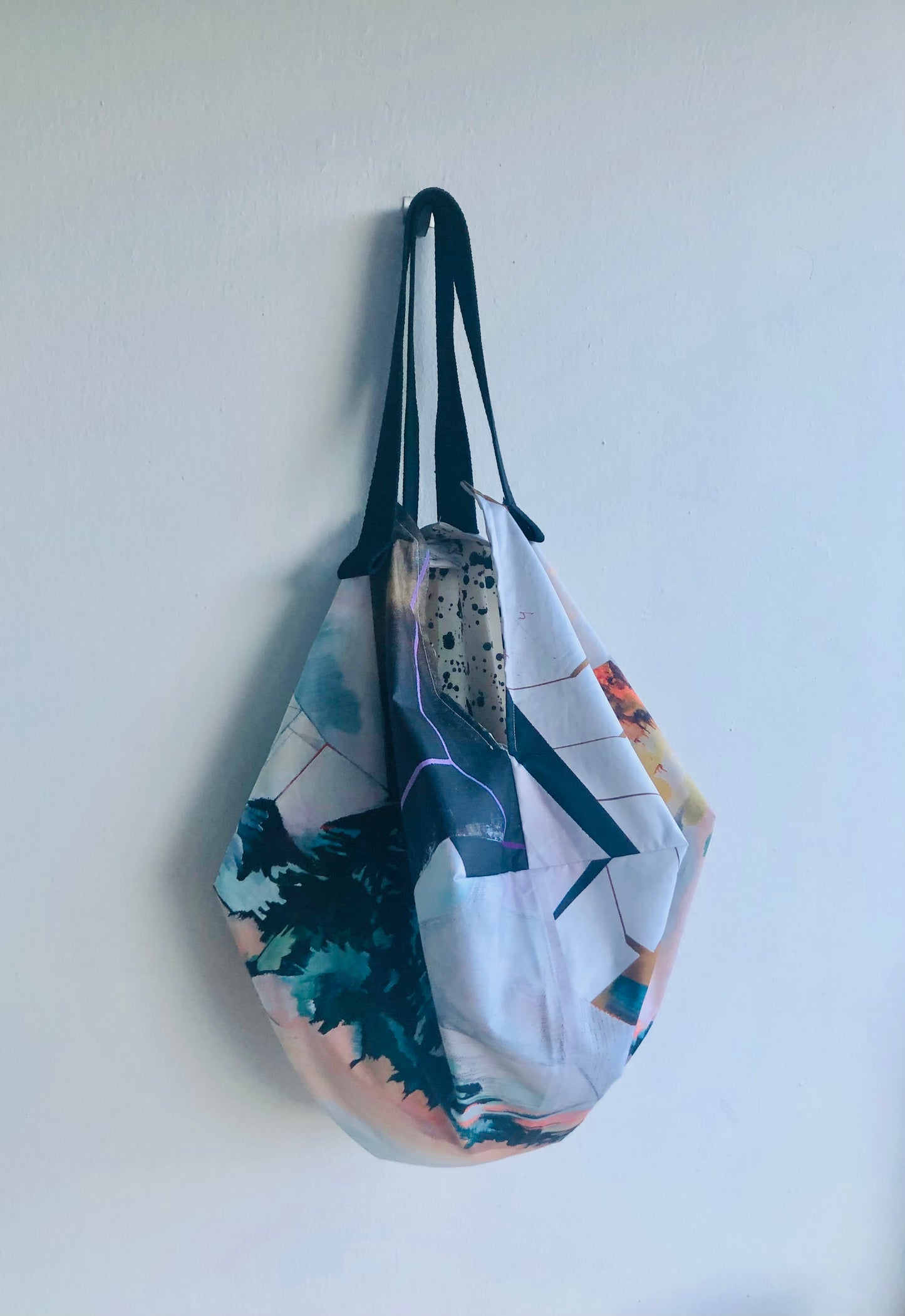 Cool origami bento bag , shoulder fabric handmade Japanese inspired bag | Contemporary landscape under a rain of ink drops