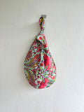 Small origami reversible bag , cute knot Japanese inspired bag | Flamingos and prawns in a color explosion