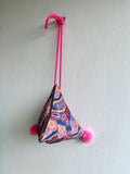 Origami dumpling bag , colorful fabric pom pom bag, small lunch bag , weekend cool bag | Aboriginal art