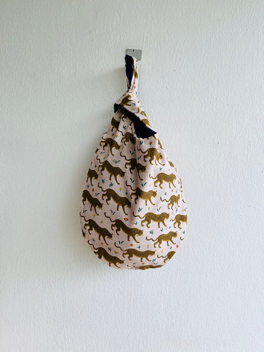 Origami knot bag , reversible Japanese inspired wrist bag , colorful eco friendly small bag | Is it a tiger or a leopard? - Jiakuma